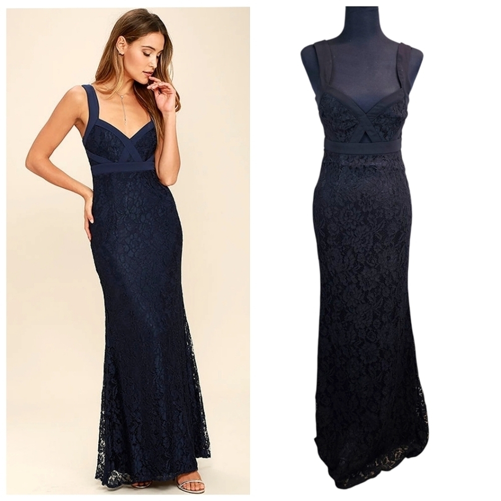 Lulu's Womens Full Circle Lace Maxi Dress Small Black Chiffon Straps Sweatheart